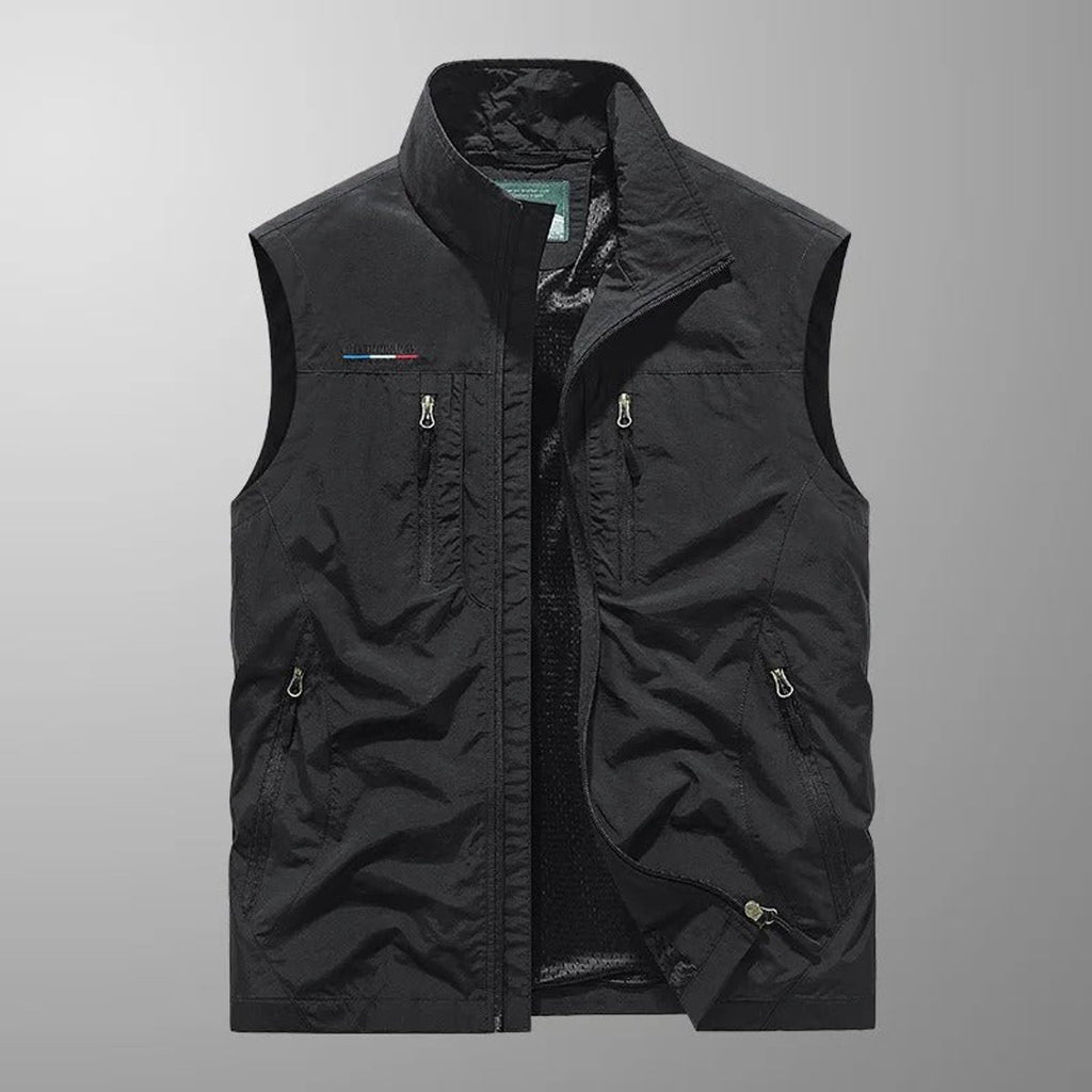 Mens Gilet Sleeveless Multi-Pocket Zip-Up Outdoor Vest - Black