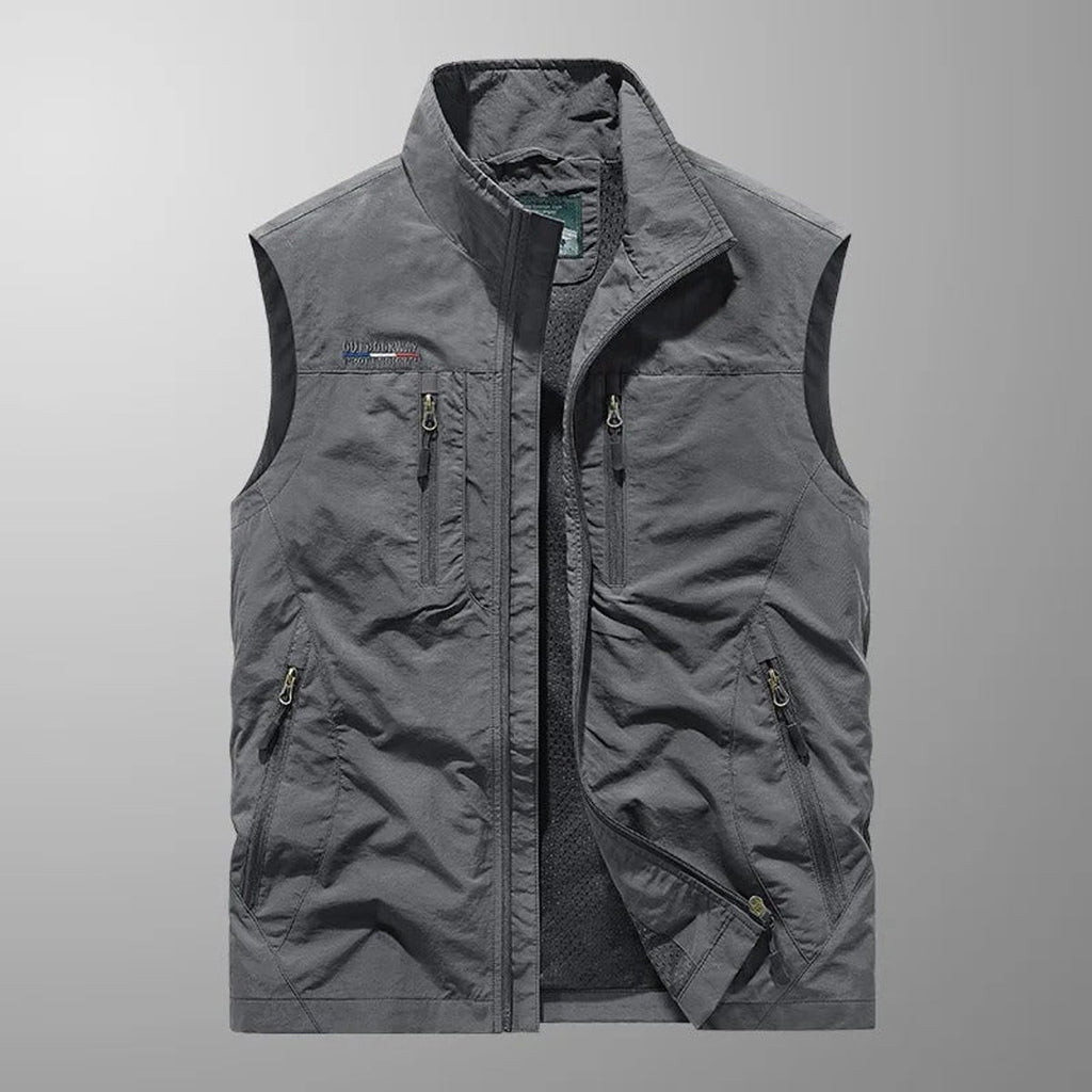 Mens Gilet Sleeveless Multi-Pocket Zip-Up Outdoor Vest - Gray
