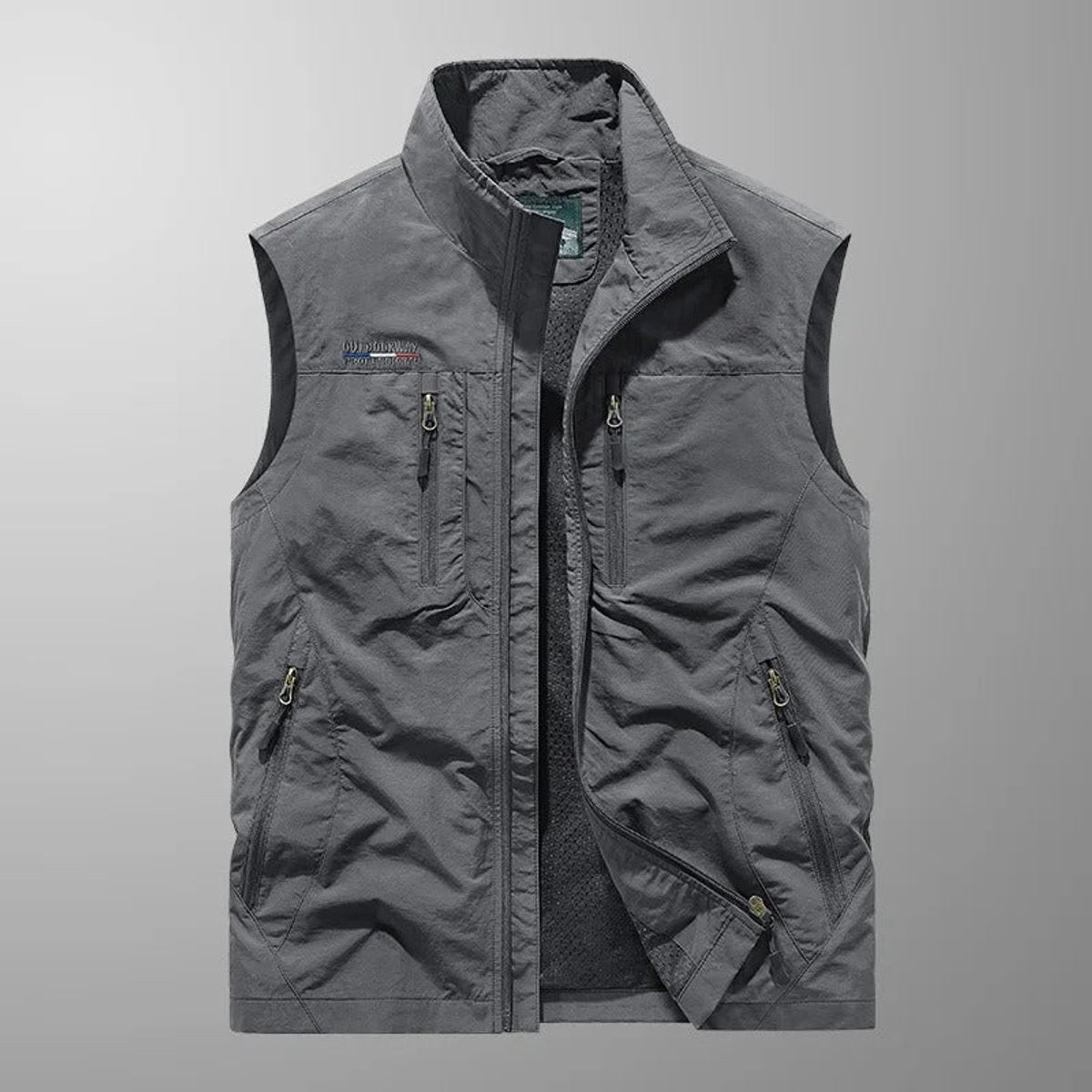 Mens Gilet Sleeveless Multi-Pocket Zip-Up Outdoor Vest - Gray