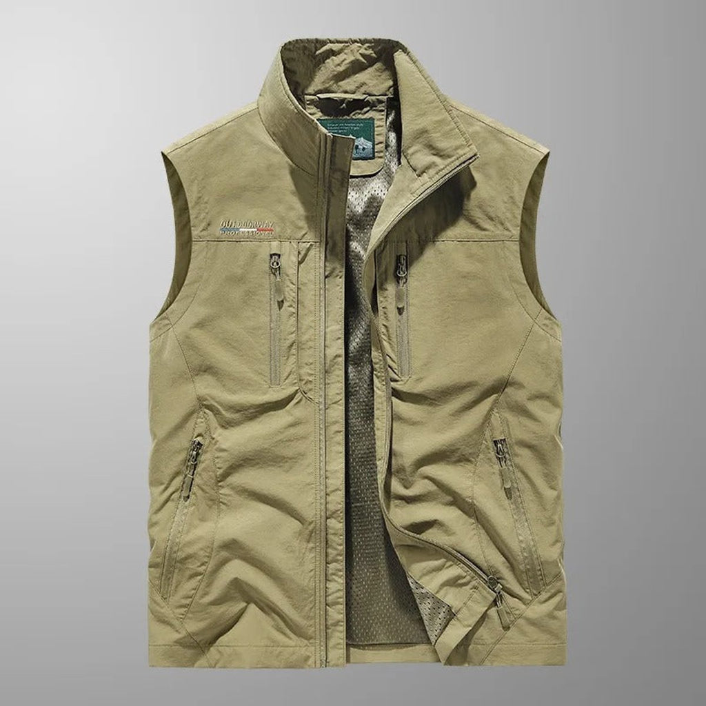 Mens Gilet Sleeveless Multi-Pocket Zip-Up Outdoor Vest - Khaki