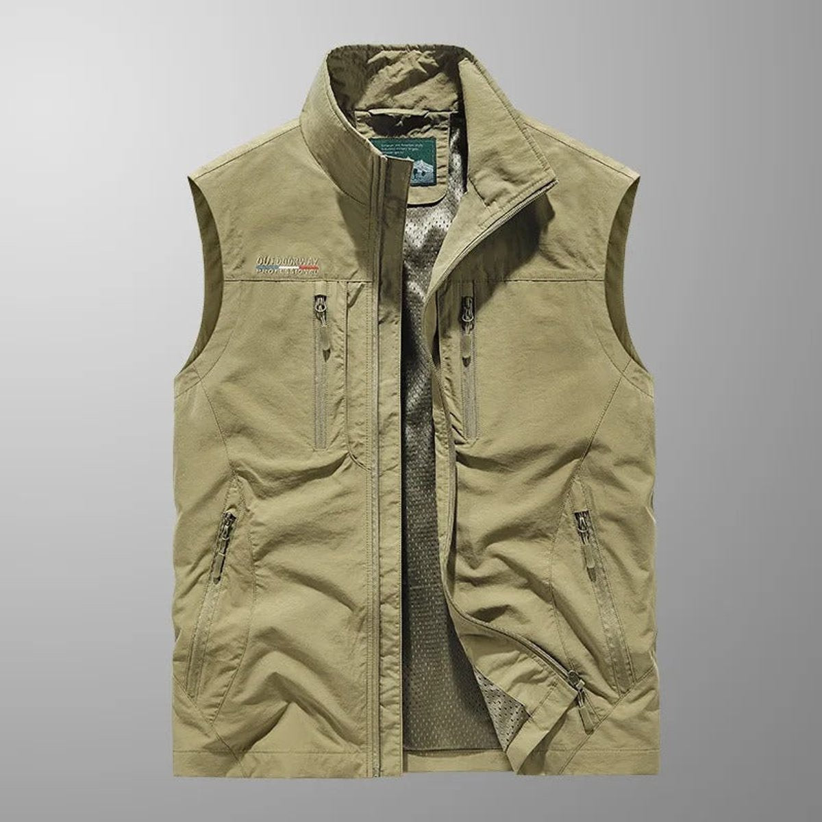 Mens Gilet Sleeveless Multi-Pocket Zip-Up Outdoor Vest - Khaki