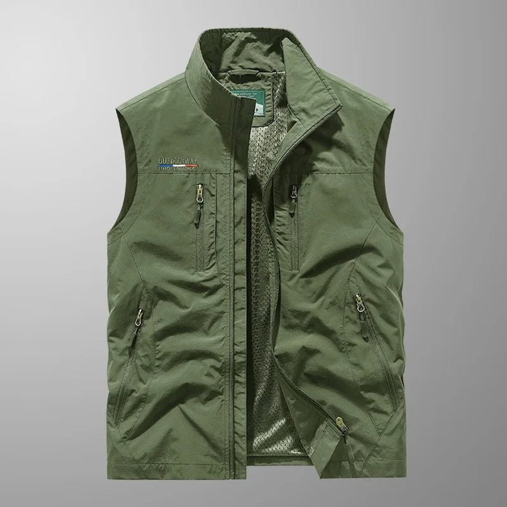 Mens Gilet Sleeveless Multi-Pocket Zip-Up Outdoor Vest - Green