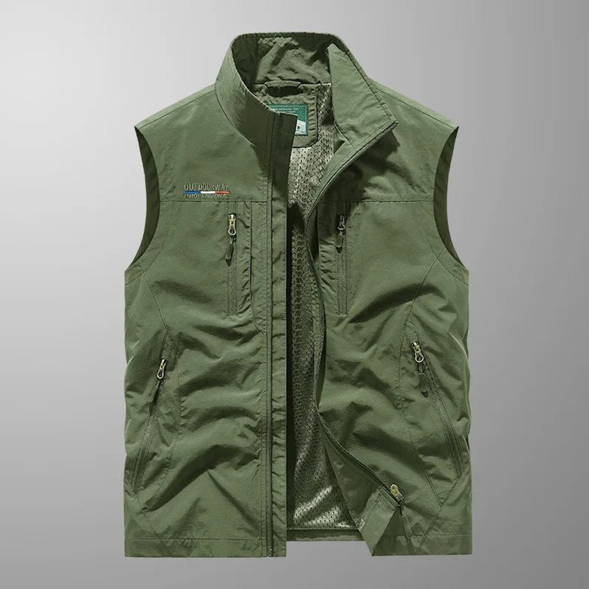 Mens Gilet Sleeveless Multi-Pocket Zip-Up Outdoor Vest - Green