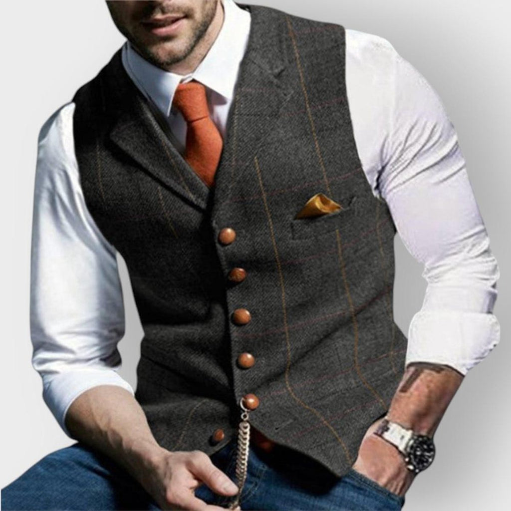 Mens Gilet Slim-Fit Tweed Herringbone Suit Vest Buttons - Dark Gray