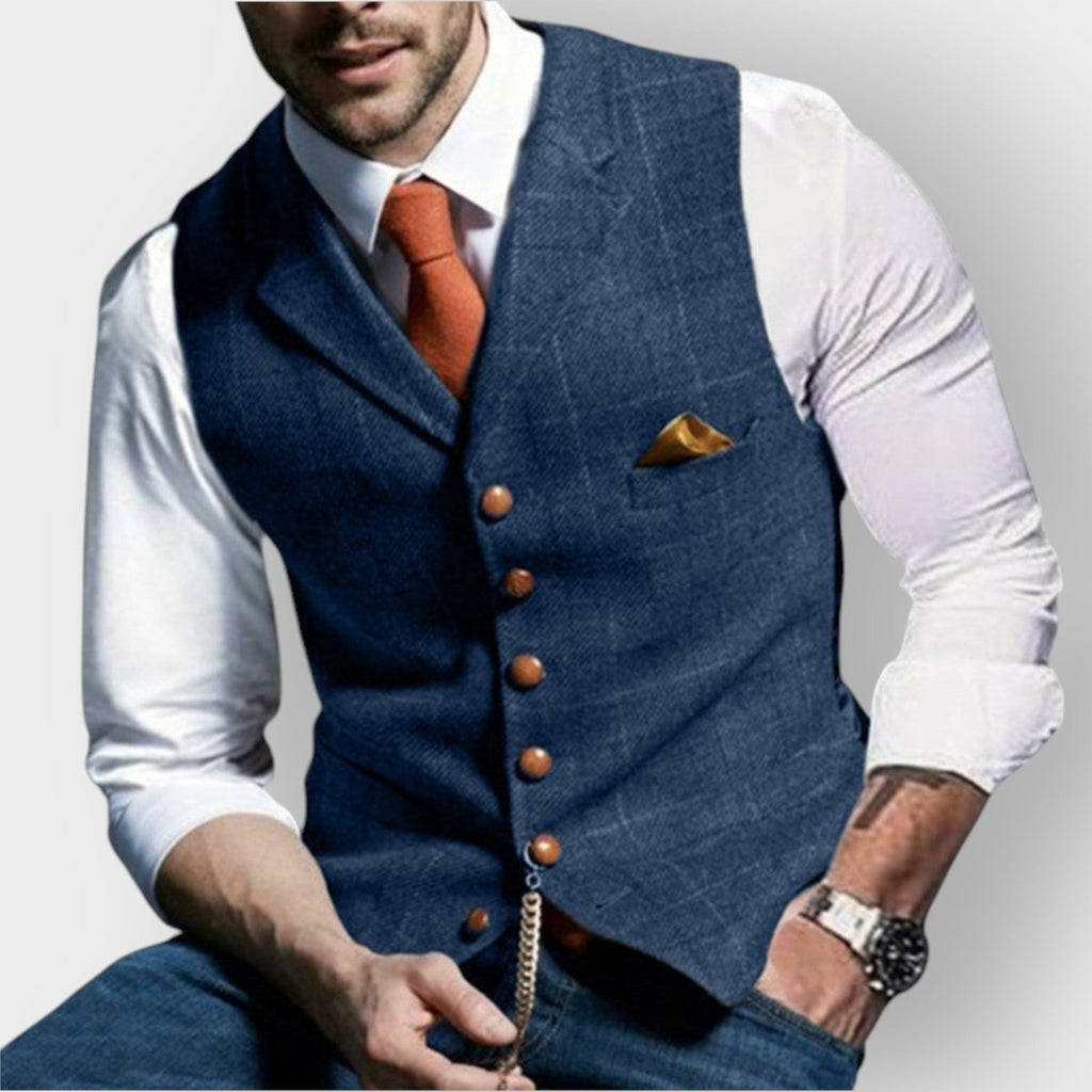 Mens Gilet Slim-Fit Tweed Herringbone Suit Vest Buttons - Blue