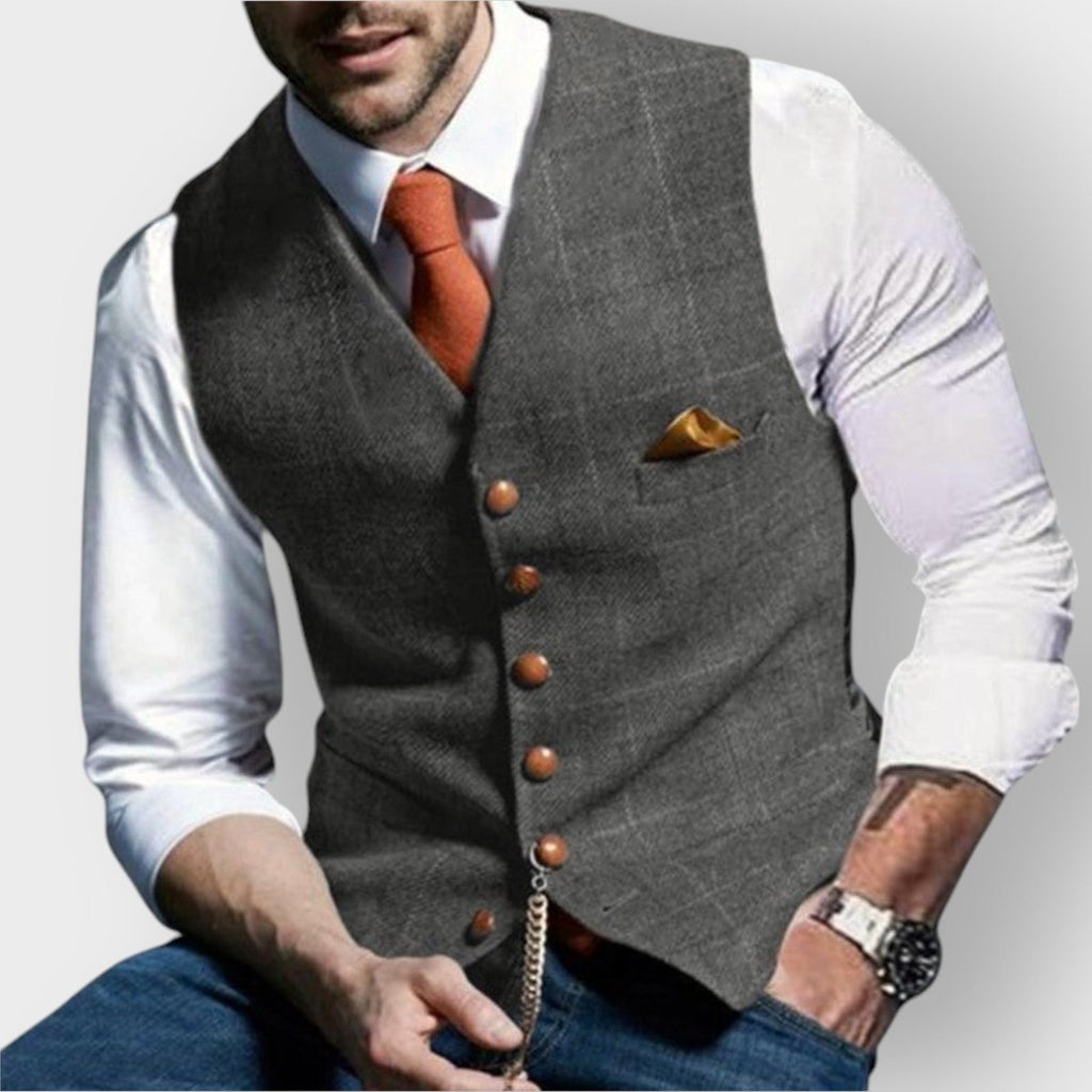 Mens Gilet Slim-Fit Tweed Herringbone Suit Vest Buttons - Light Gray