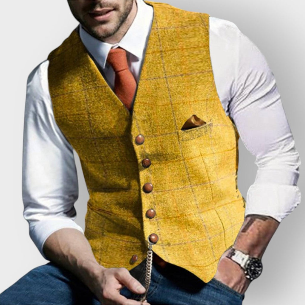 Mens Gilet Slim-Fit Tweed Herringbone Suit Vest Buttons - Yellow