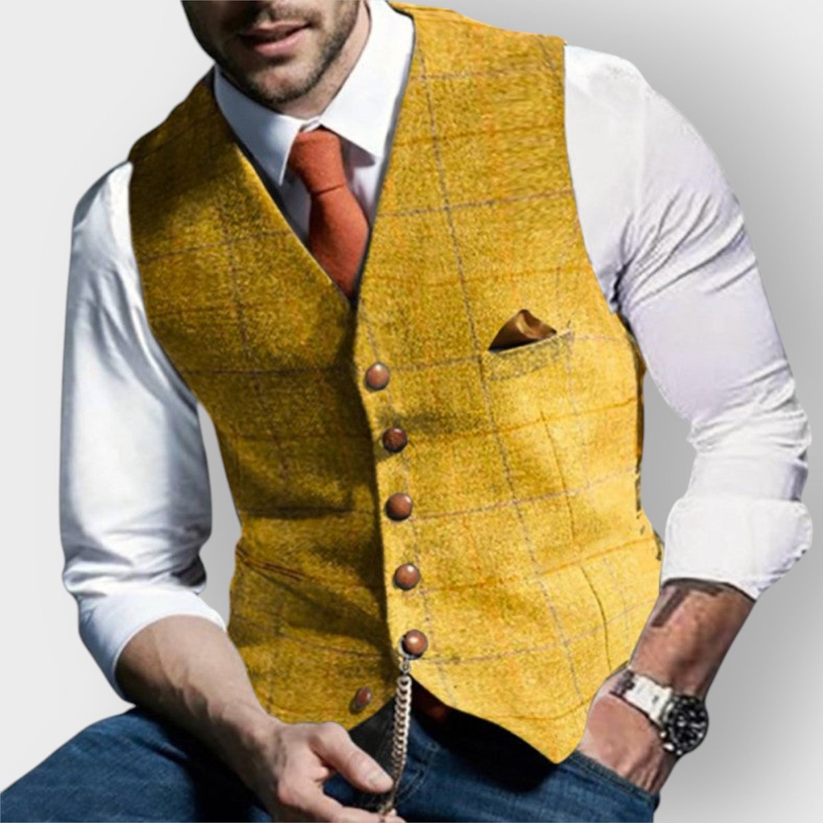 Mens Gilet Slim-Fit Tweed Herringbone Suit Vest Buttons - Yellow