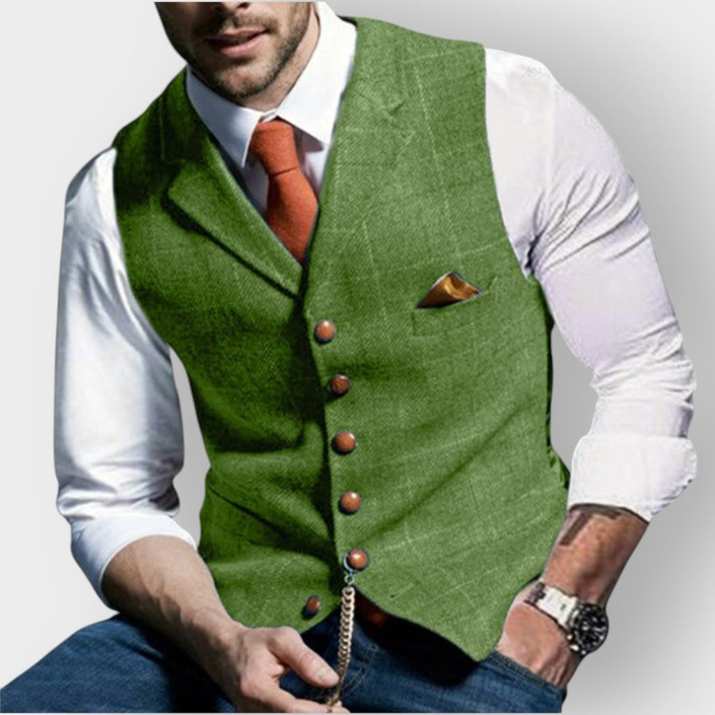Mens Gilet Slim-Fit Tweed Herringbone Suit Vest Buttons - Green