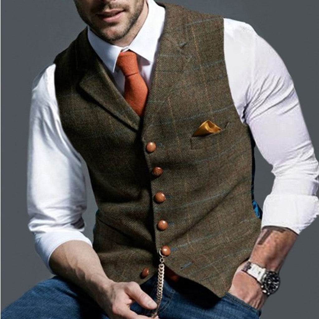 Mens Gilet Slim-Fit Tweed Herringbone Suit Vest Buttons - Brown