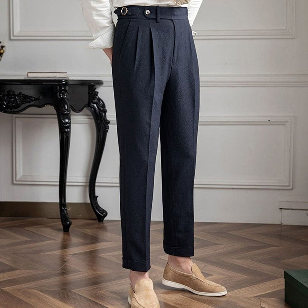 Men's High-Waist Tailored Pleated Trousers Cuffed Hem