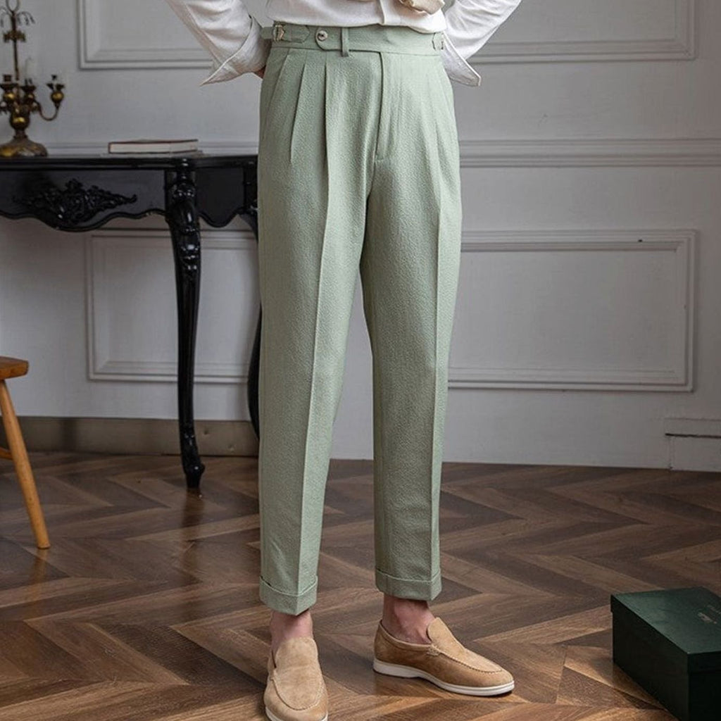 Men's High-Waist Tailored Pleated Trousers Cuffed Hem