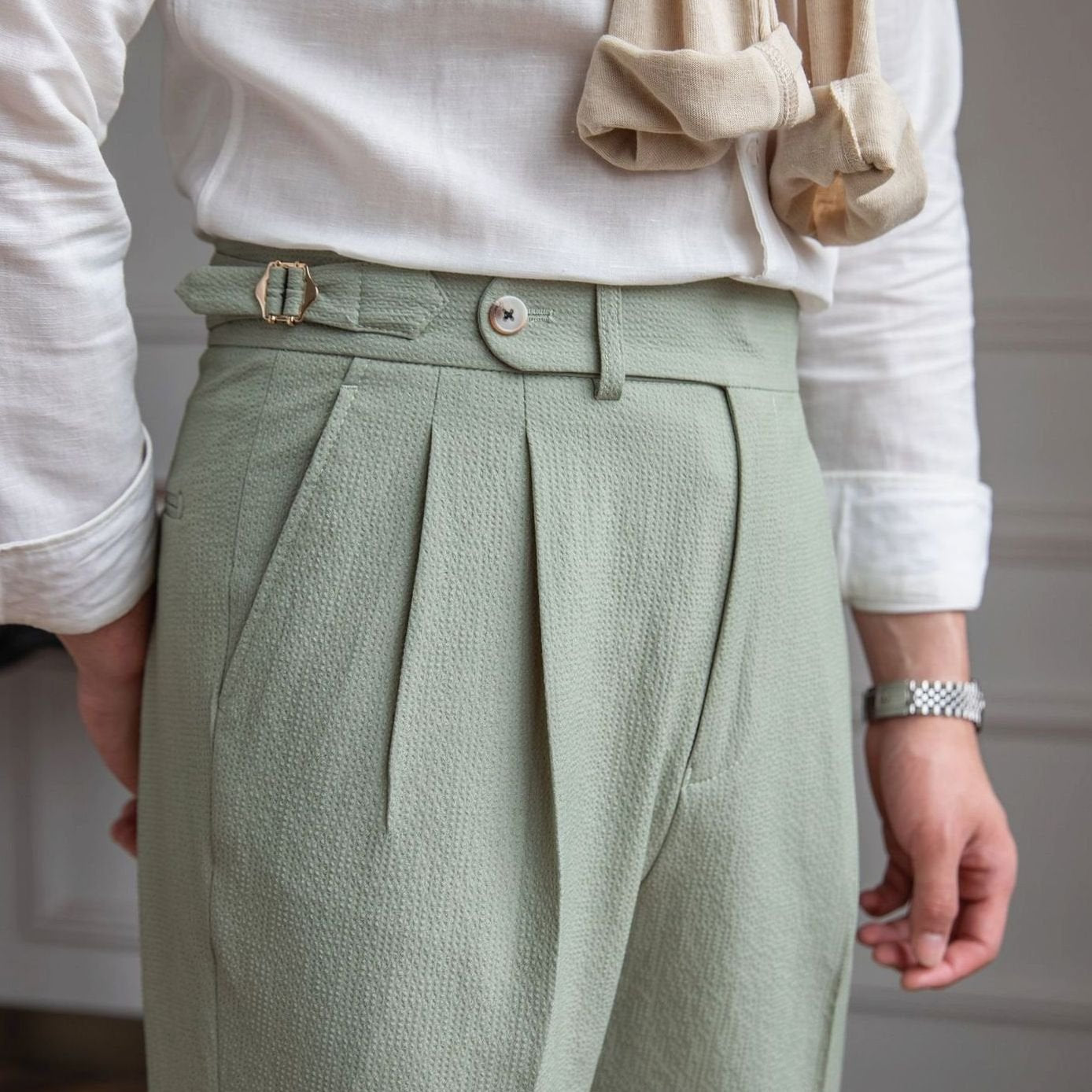 Men's High-Waist Tailored Pleated Trousers Cuffed Hem - Green