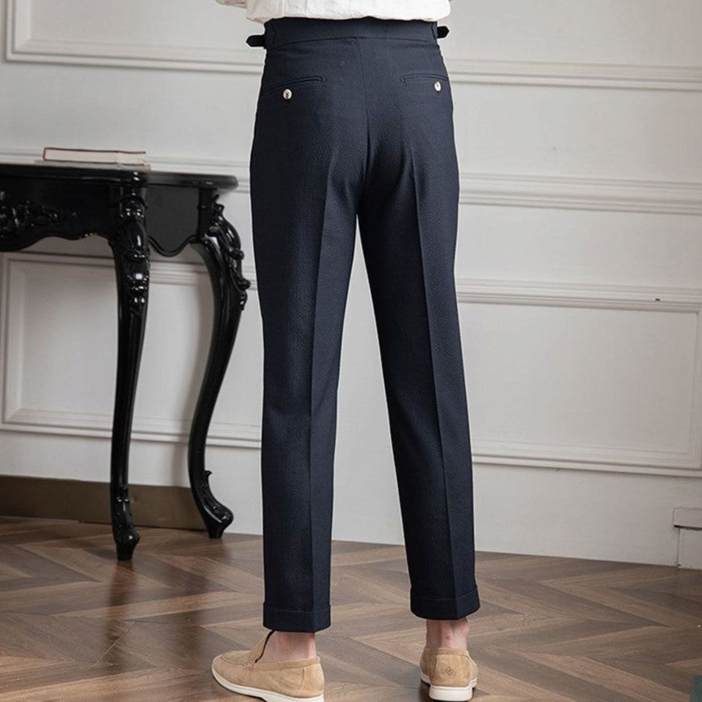 Men's High-Waist Tailored Pleated Trousers Cuffed Hem