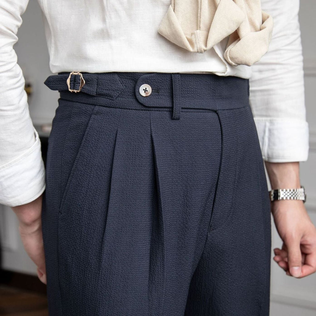 Men's High-Waist Tailored Pleated Trousers Cuffed Hem - Blue
