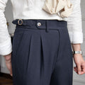 Men's High-Waist Tailored Pleated Trousers Cuffed Hem - Blue