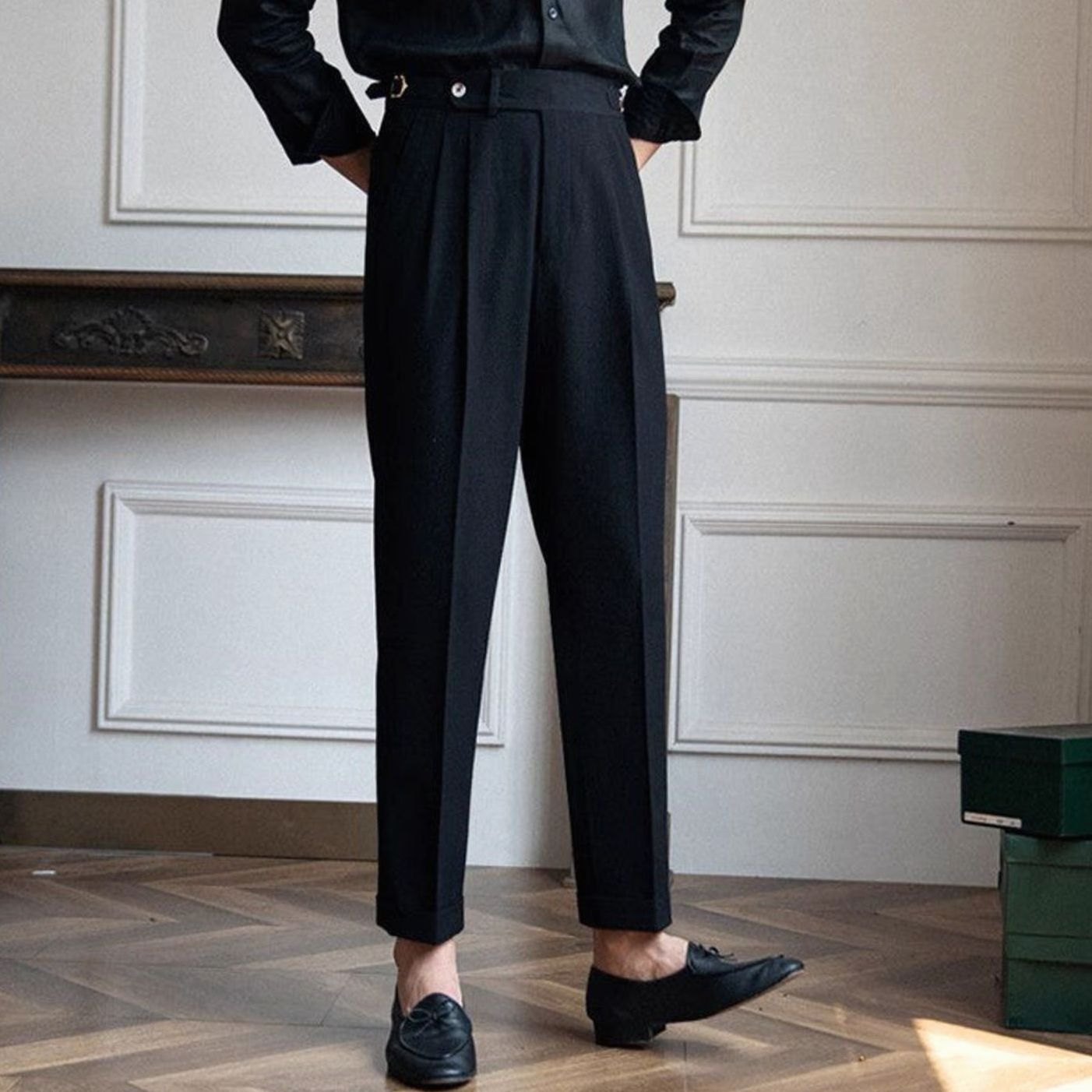 Men's High-Waist Tailored Pleated Trousers Cuffed Hem