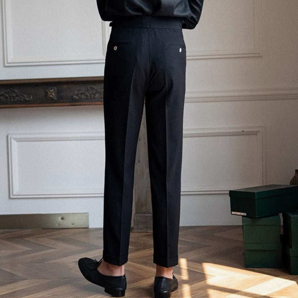 Men's High-Waist Tailored Pleated Trousers Cuffed Hem