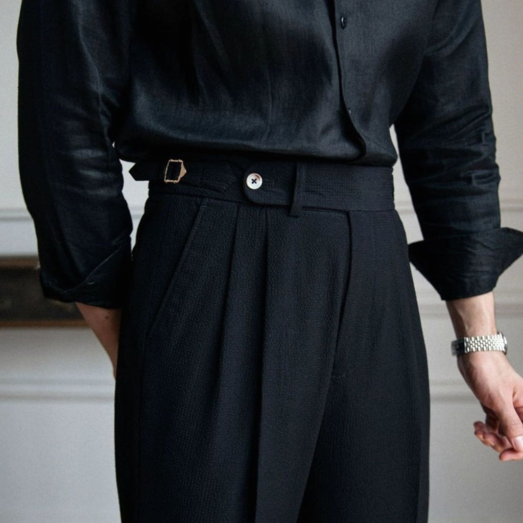 Men's High-Waist Tailored Pleated Trousers Cuffed Hem - Black