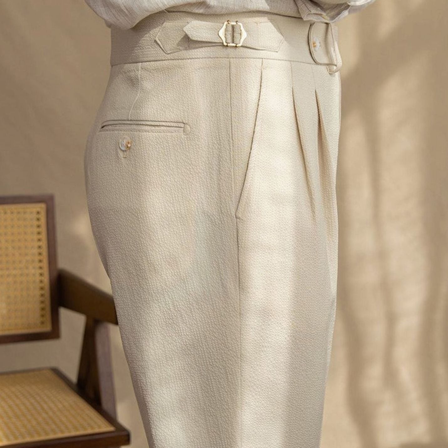 Men's High-Waist Tailored Pleated Trousers Cuffed Hem
