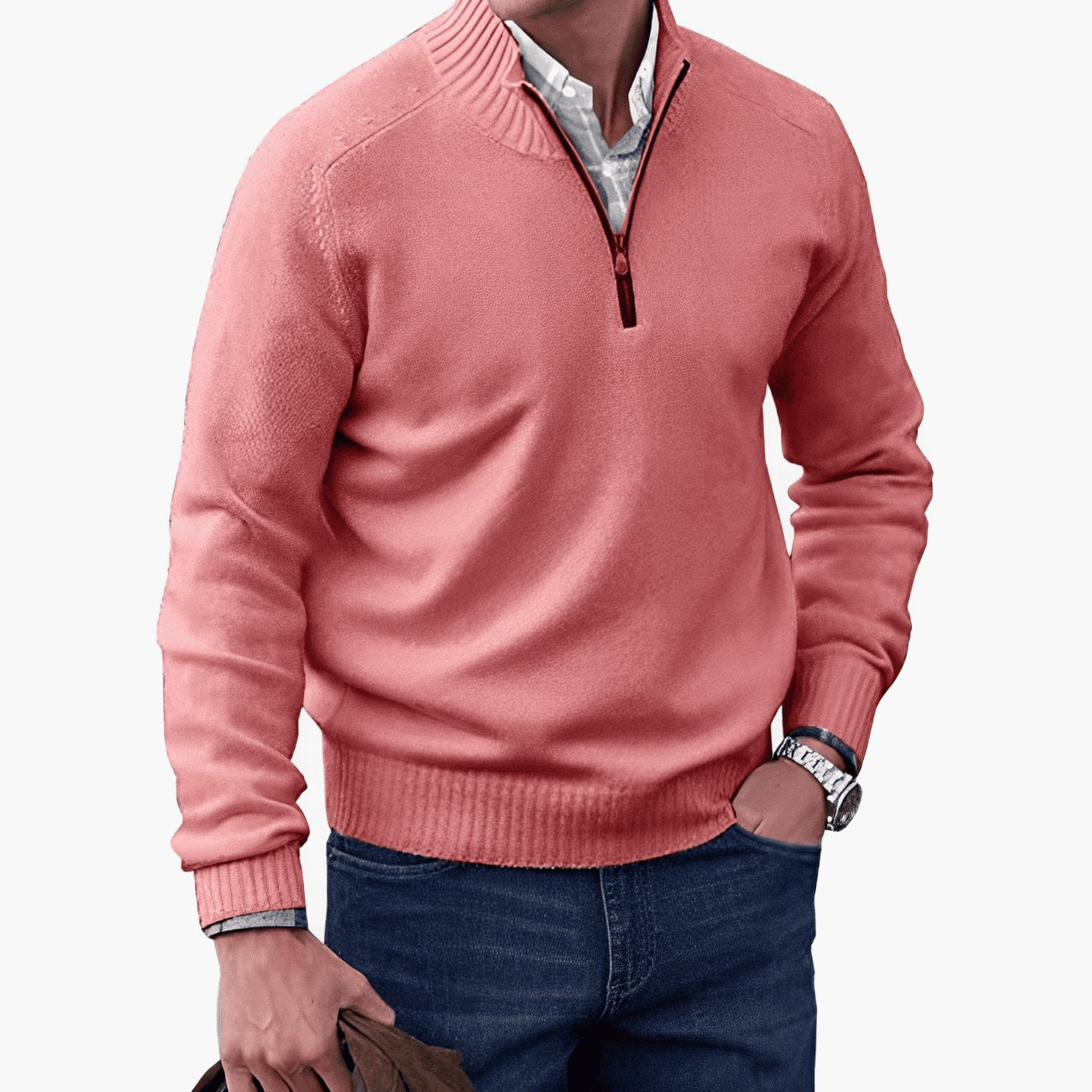 Men's Knit Half-Zip Pullover Jumper Long Sleeve Sweater - Pink
