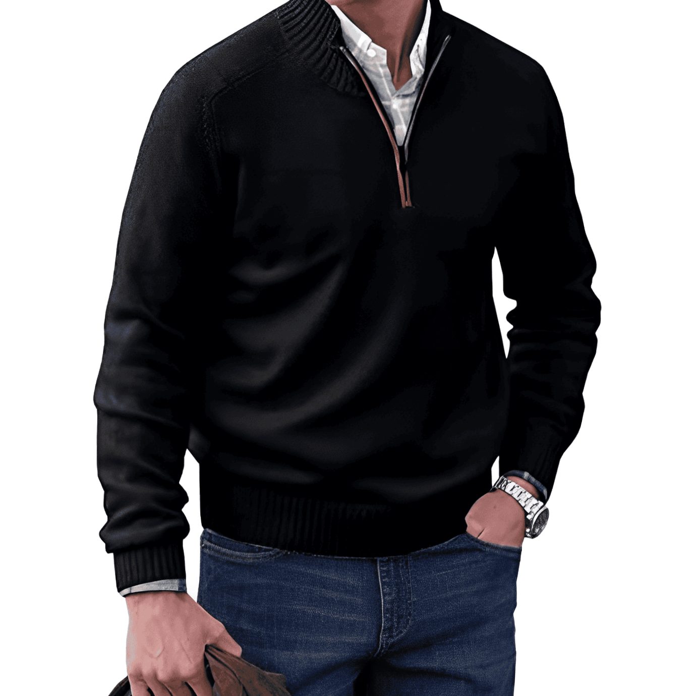 Men's Knit Half-Zip Pullover Jumper Long Sleeve Sweater - Black