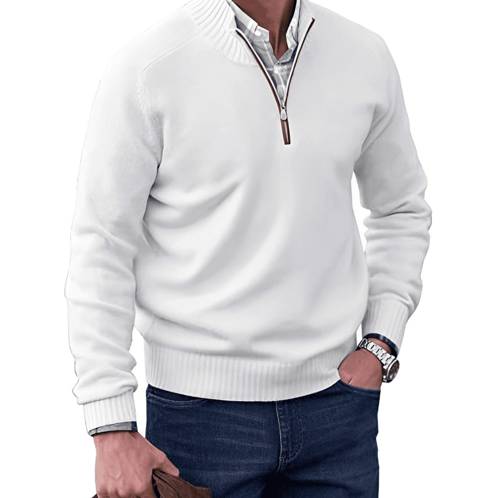 Men's Knit Half-Zip Pullover Jumper Long Sleeve Sweater - White