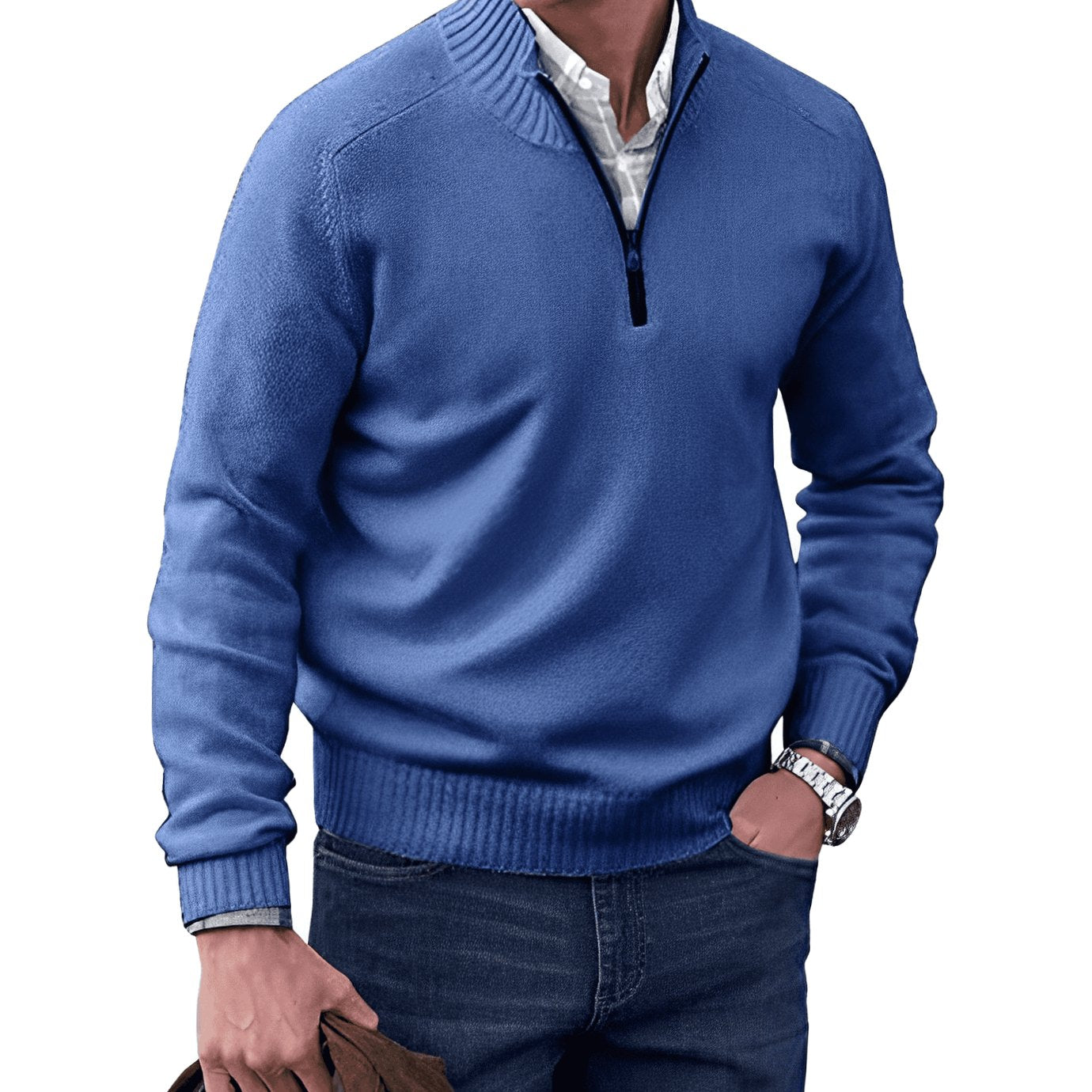 Men's Knit Half-Zip Pullover Jumper Long Sleeve Sweater - Blue