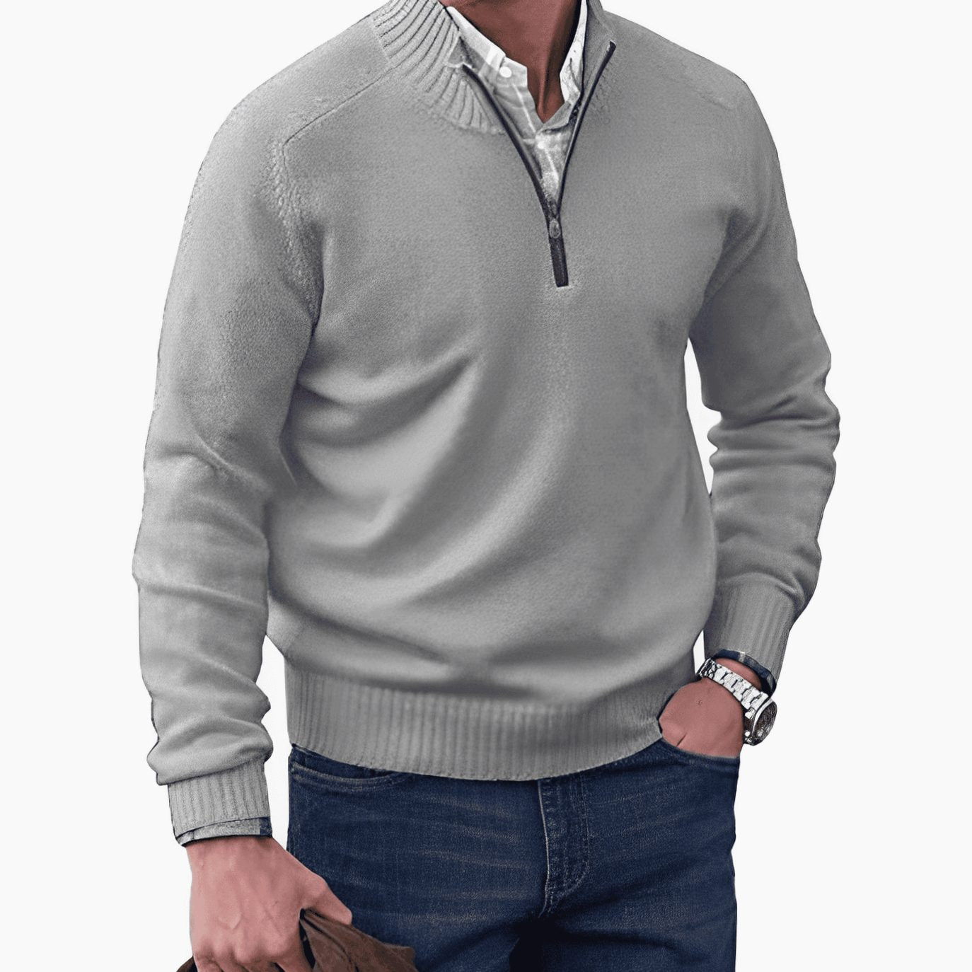Men's Knit Half-Zip Pullover Jumper Long Sleeve Sweater - Light Grey
