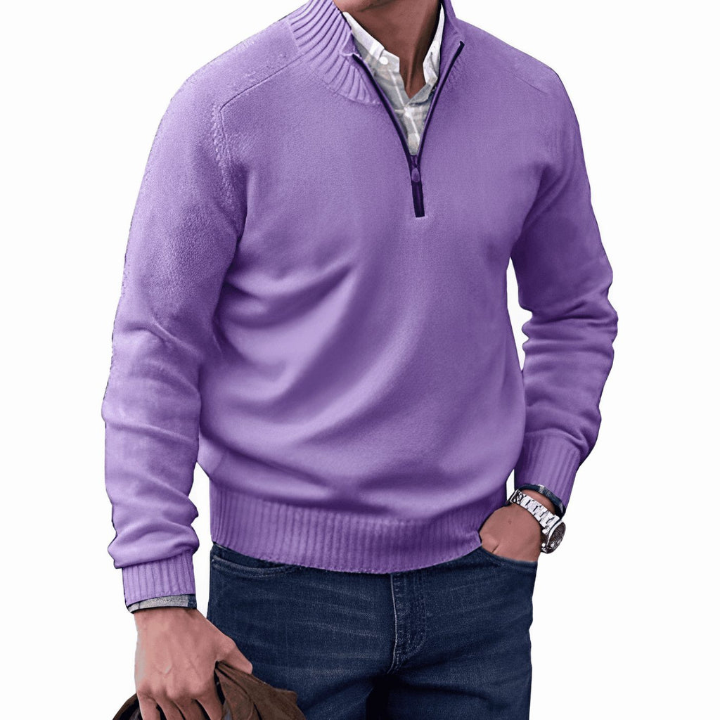 Men's Knit Half-Zip Pullover Jumper Long Sleeve Sweater - Purple