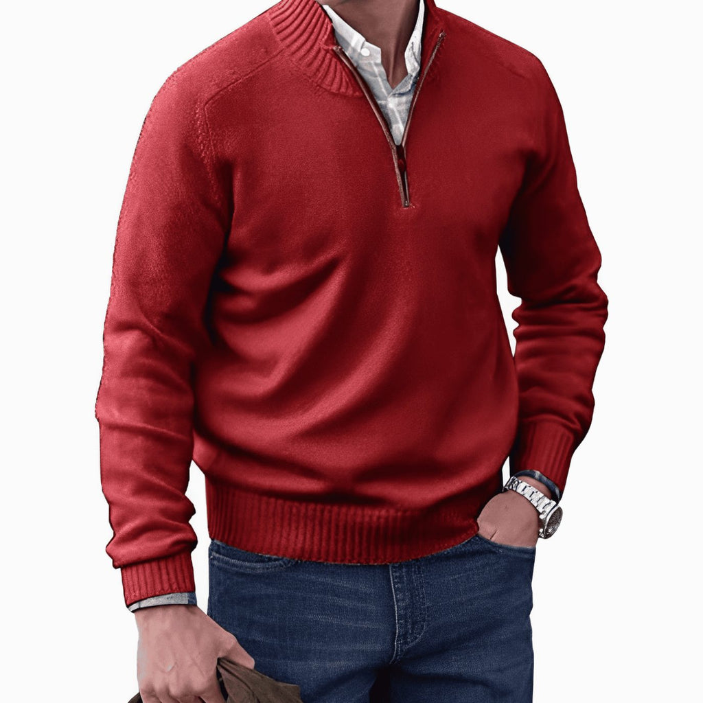 Men's Knit Half-Zip Pullover Jumper Long Sleeve Sweater - Red