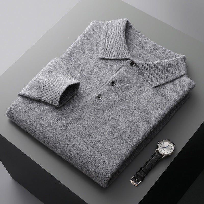 Men's Knit Long-Sleeve Three-Button Polo Sweater - Grey