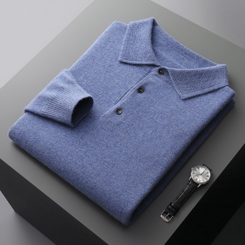 Men's Knit Long-Sleeve Three-Button Polo Sweater - Blue