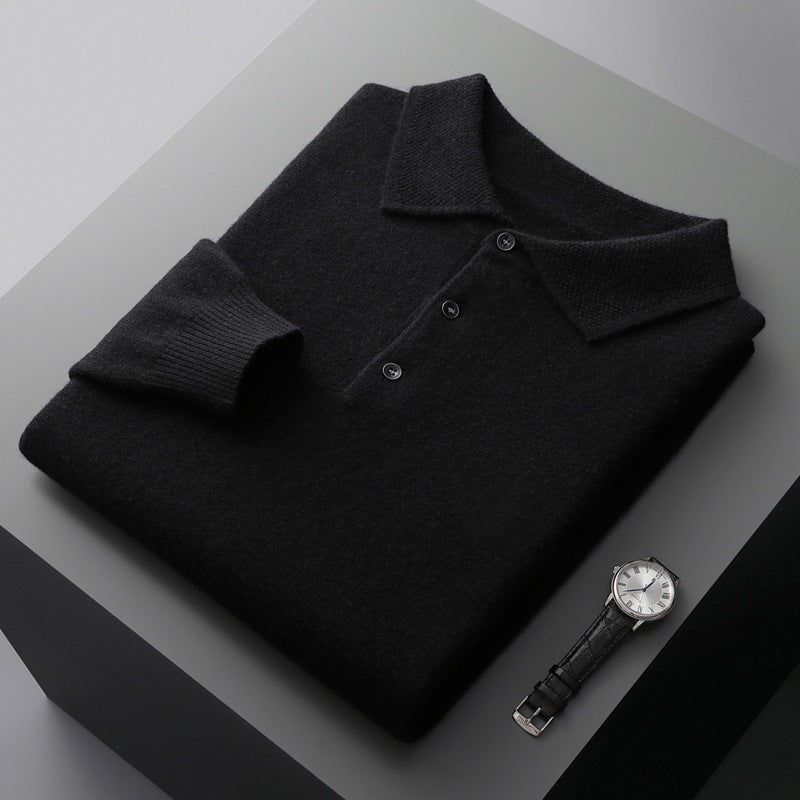 Men's Knit Long-Sleeve Three-Button Polo Sweater - Black