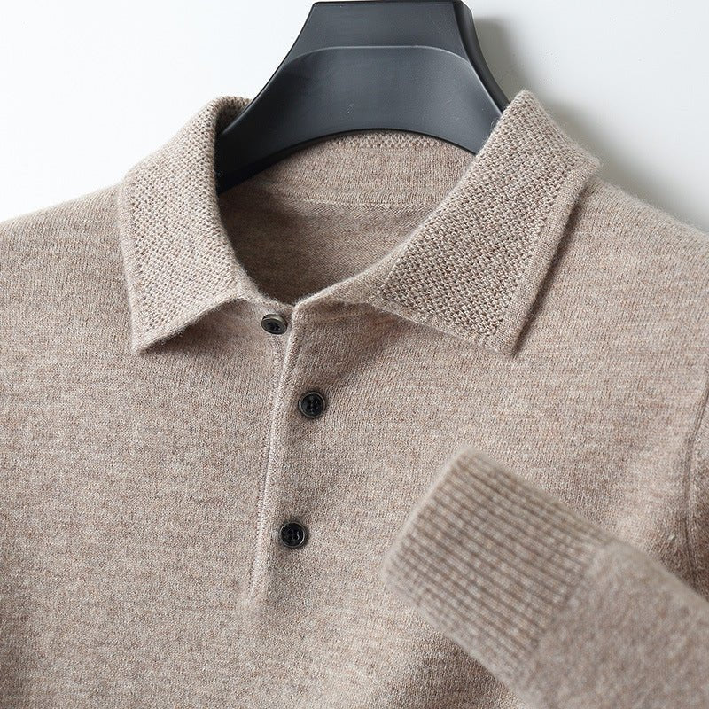 Men's Knit Long-Sleeve Three-Button Polo Sweater - Khaki