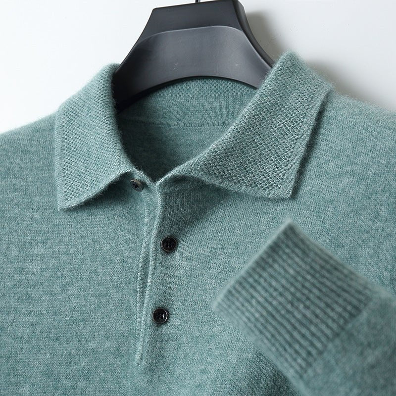 Men's Knit Long-Sleeve Three-Button Polo Sweater - Green