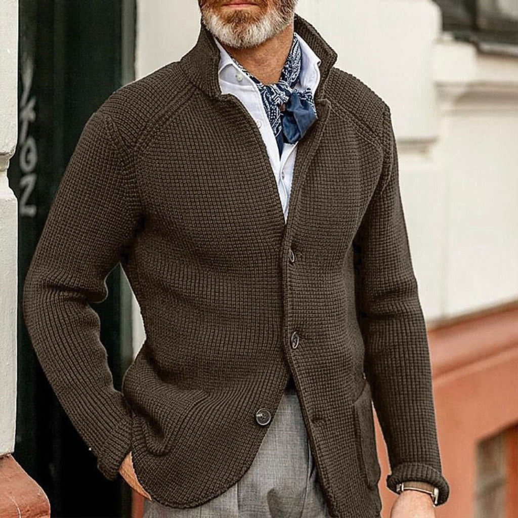 Mens Knit Sweater Blazer Button-Front Waffle-Knit Cardigan - Coffee