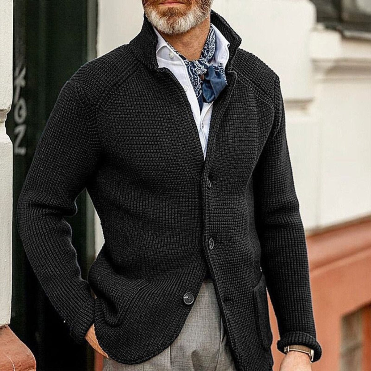 Mens Knit Sweater Blazer Button-Front Waffle-Knit Cardigan - Black