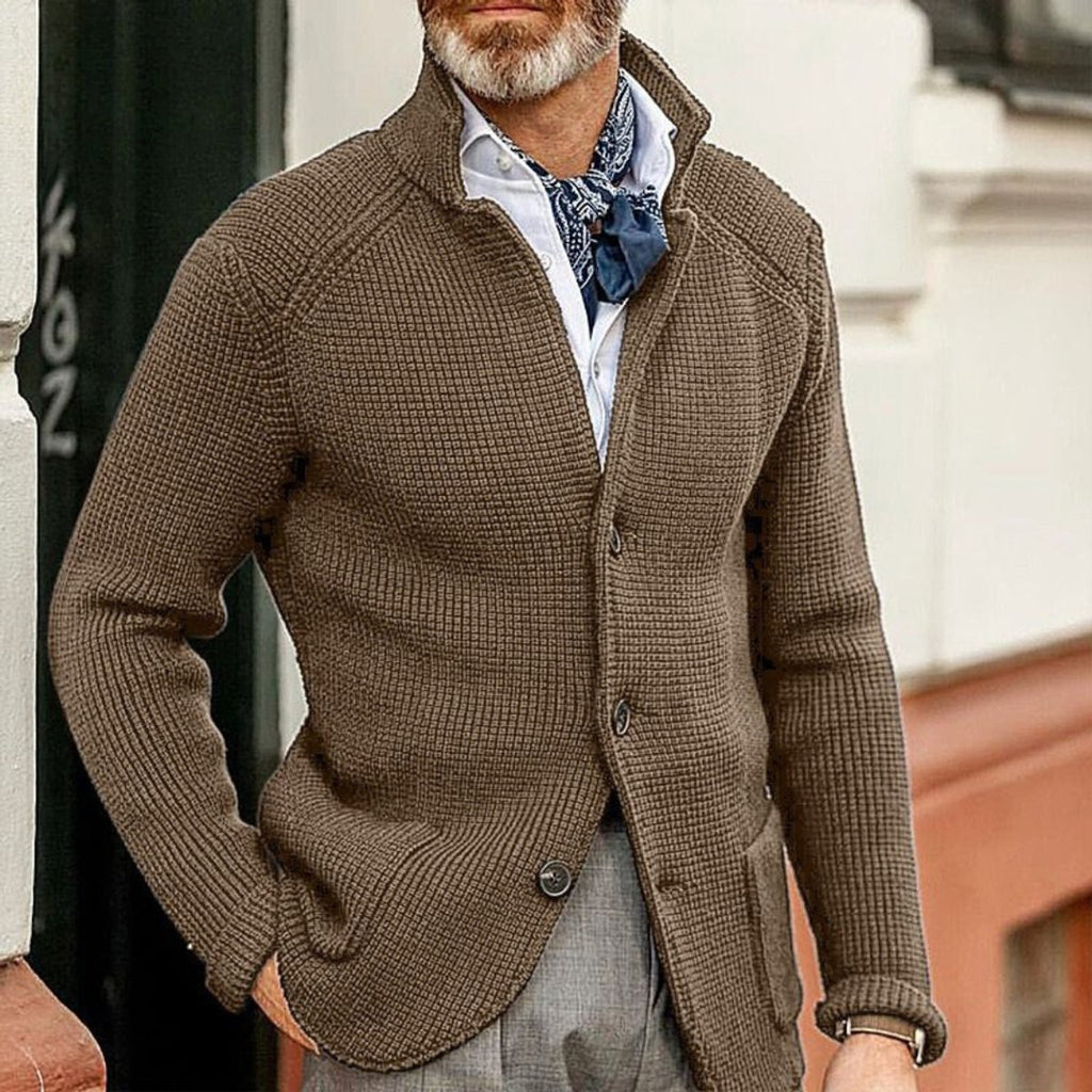 Mens Knit Sweater Blazer Button-Front Waffle-Knit Cardigan - Brown