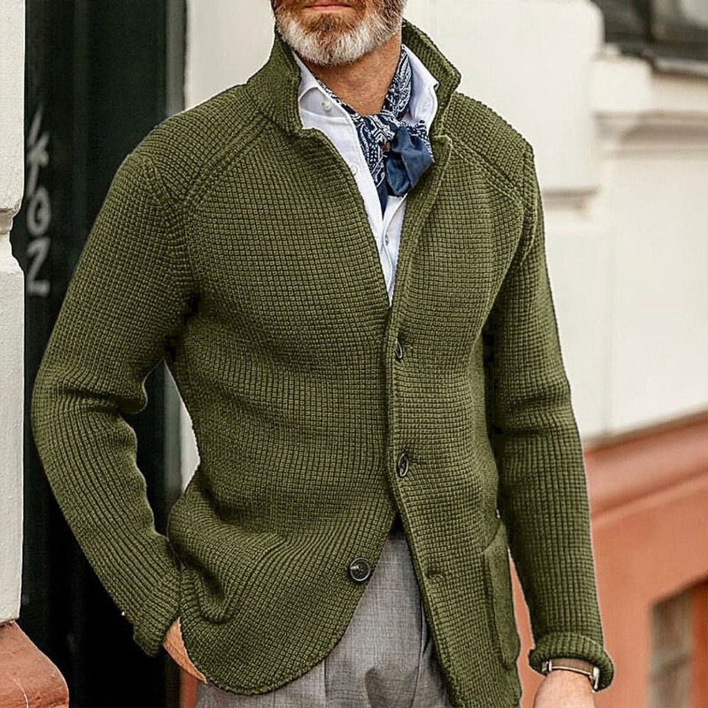 Mens Knit Sweater Blazer Button-Front Waffle-Knit Cardigan - Green