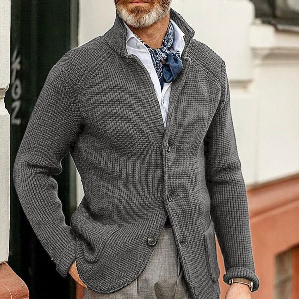 Mens Knit Sweater Blazer Button-Front Waffle-Knit Cardigan - Gray