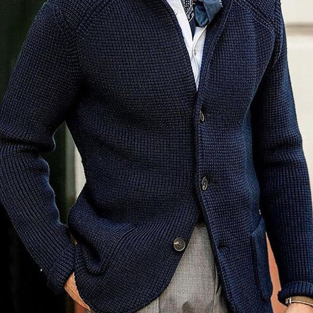 Mens Knit Sweater Blazer Button-Front Waffle-Knit Cardigan - Blue