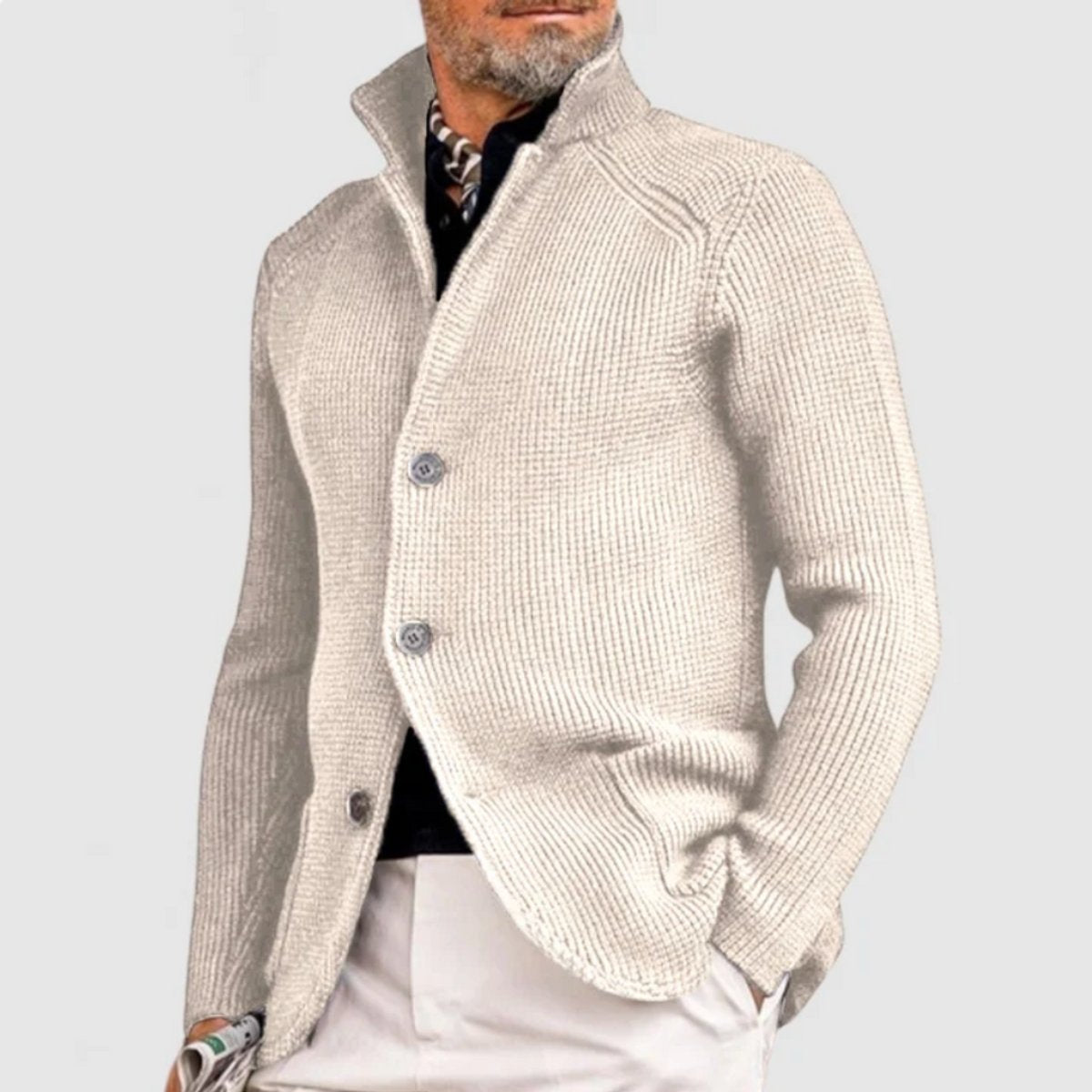 Mens Knit Sweater Blazer Button-Front Waffle-Knit Cardigan - White