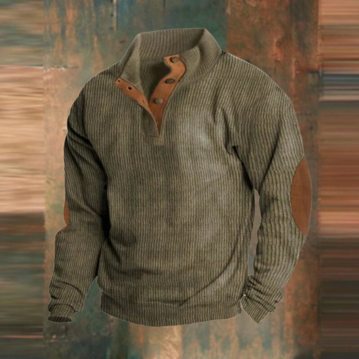 Mens Knit Sweater Ribbed Pullover Elbow Patch Stand Collar - Green