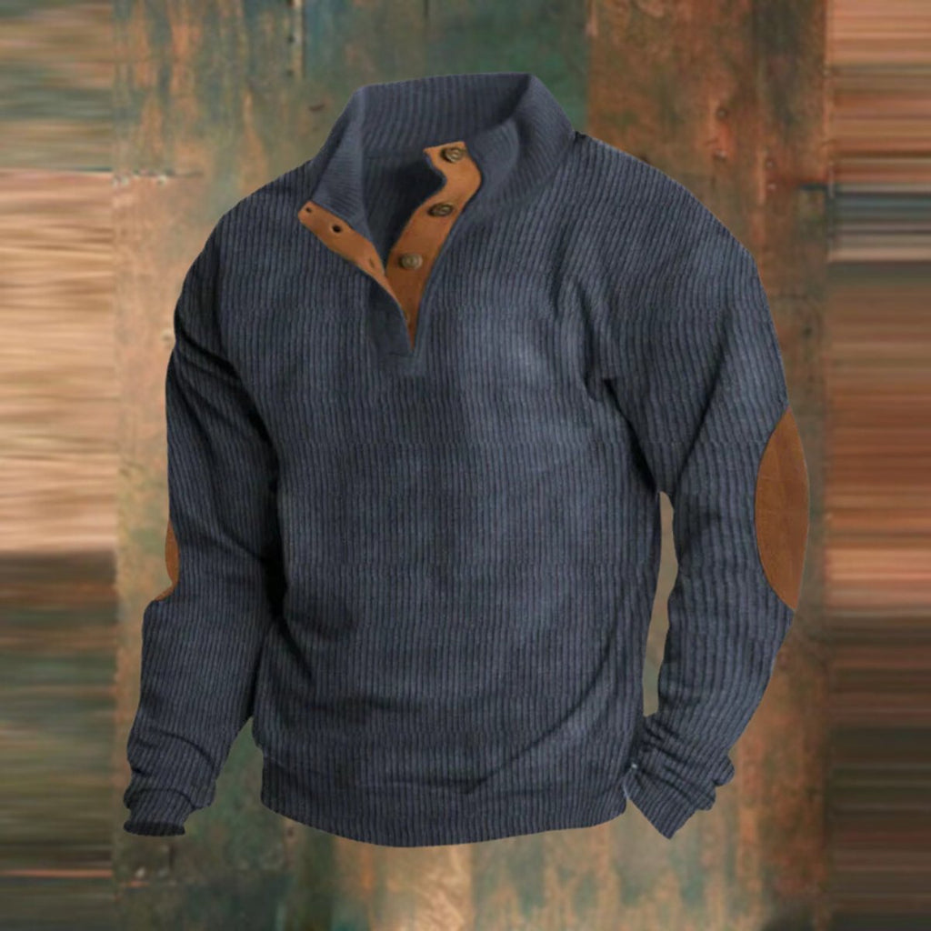 Mens Knit Sweater Ribbed Pullover Elbow Patch Stand Collar - Navy Blue