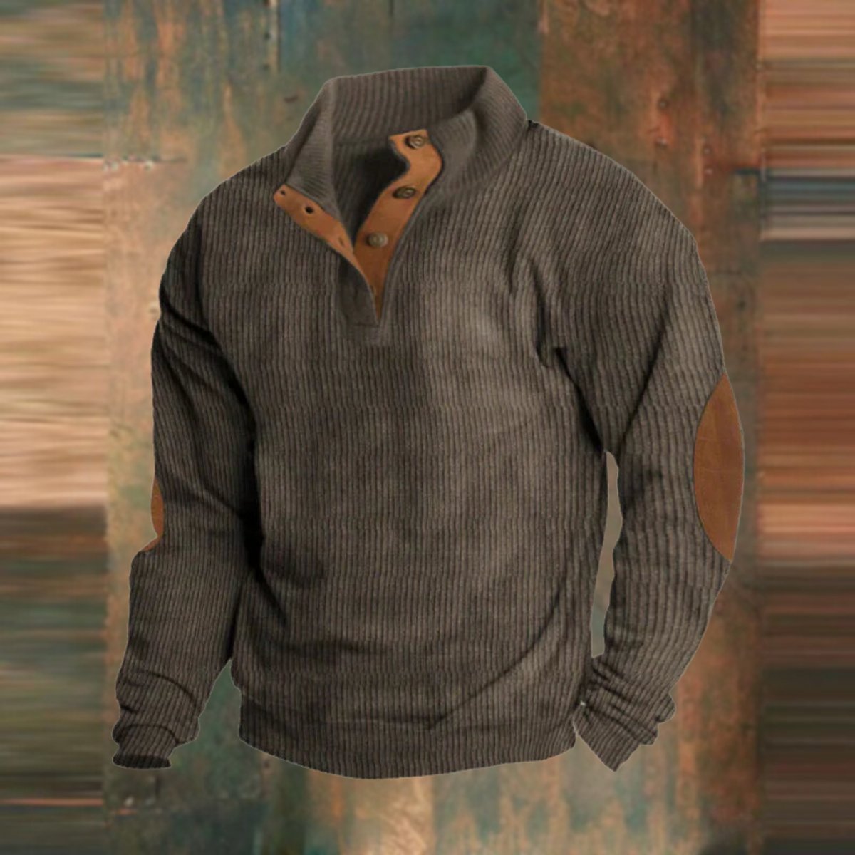 Mens Knit Sweater Ribbed Pullover Elbow Patch Stand Collar - Brown