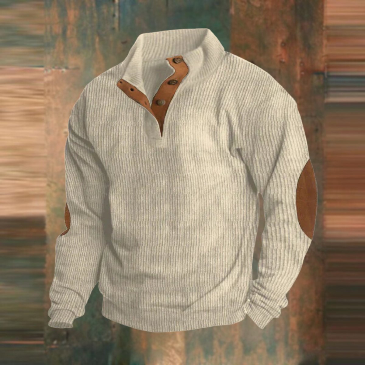 Mens Knit Sweater Ribbed Pullover Elbow Patch Stand Collar - Beige