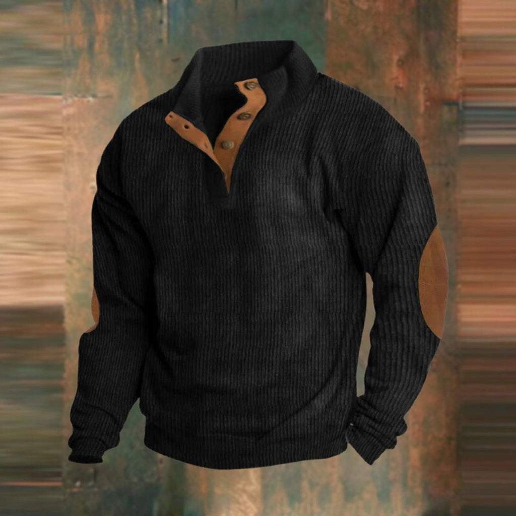 Mens Knit Sweater Ribbed Pullover Elbow Patch Stand Collar - Black
