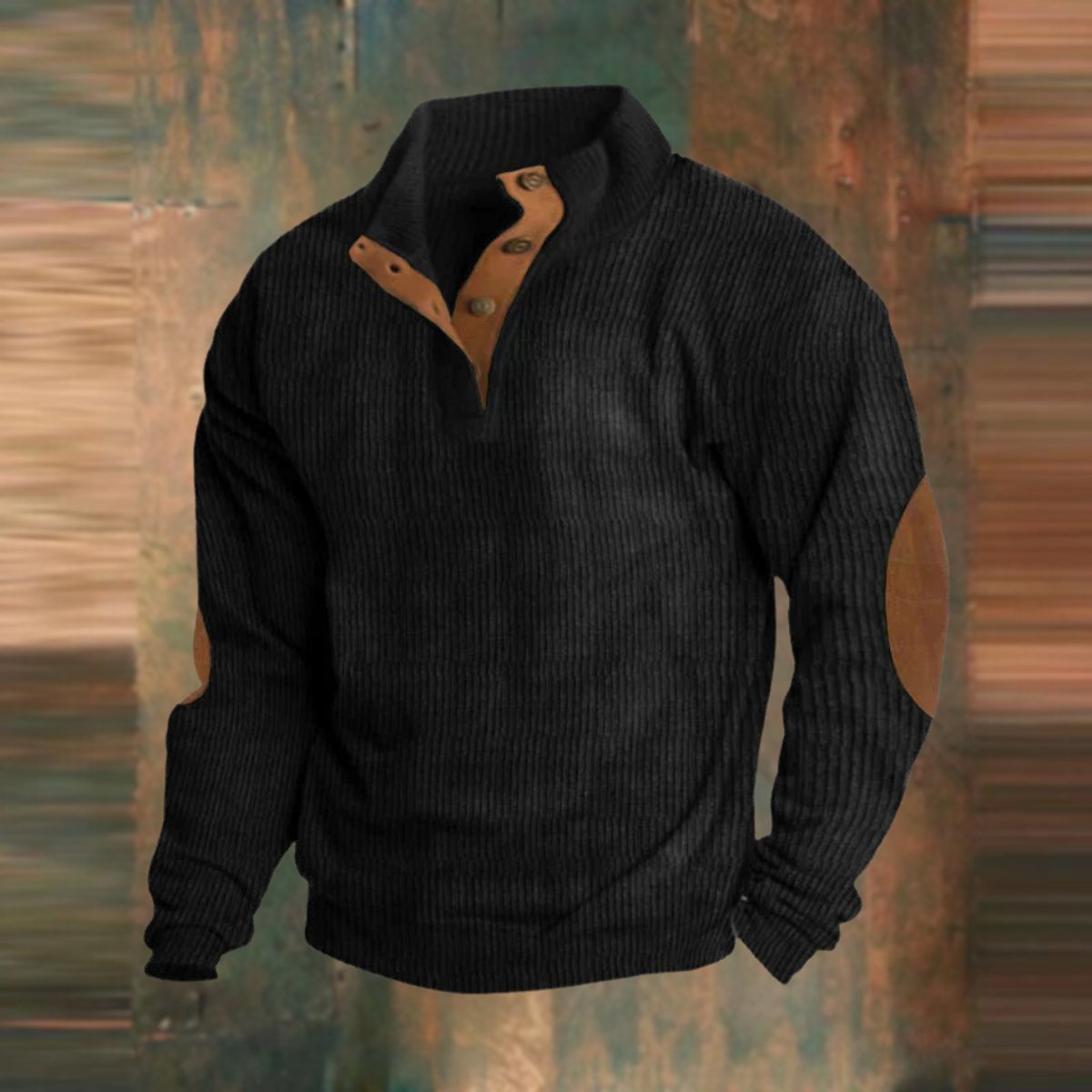 Mens Knit Sweater Ribbed Pullover Elbow Patch Stand Collar - Black