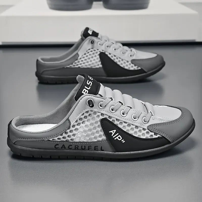 Men's Lace-Up Half-Shoe Breathable Mesh Backless Sneaker Mules - Gray